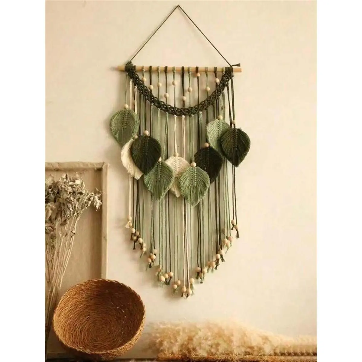 1pc Multicolor Handmade Fabric Macrame Wall Hanging Decoration - Boheme, Abstract, Art-Inspired, Decorative Style, Cotton Rope with Wooden Beads, Leaf & Feather Accents for Living Room, Abstract Hanging Decor, Art-Inspired Hanging Decor