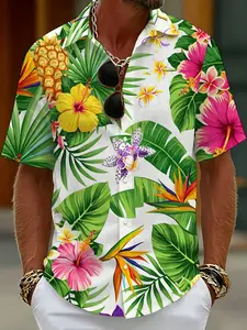 White background tropical floral pineapple print Hawaiian style casual short-sleeved shirt