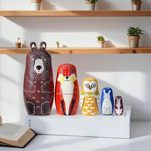 Set of 5 Bear Nesting Dolls - Adorable Handmade Wooden Matryoshka Stacking Toys for Kids - Cute Figurine and Decorative Ornament for Home Decor, Office Desk, Bookshelf - Unique Gift Idea for Birthday, Easter, Children's Day, Halloween & Christmas