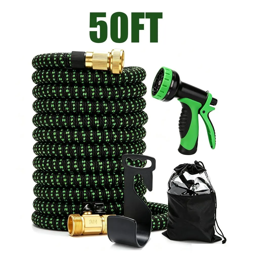 50FT 4X Stronger Expandable Flexible Garden Hose, Heavy Duty Water Hose with 10 Spray Patterns, Premium Latex & Woven Fabric, Leak-Proof Copper Connectors & Replaceable Washers