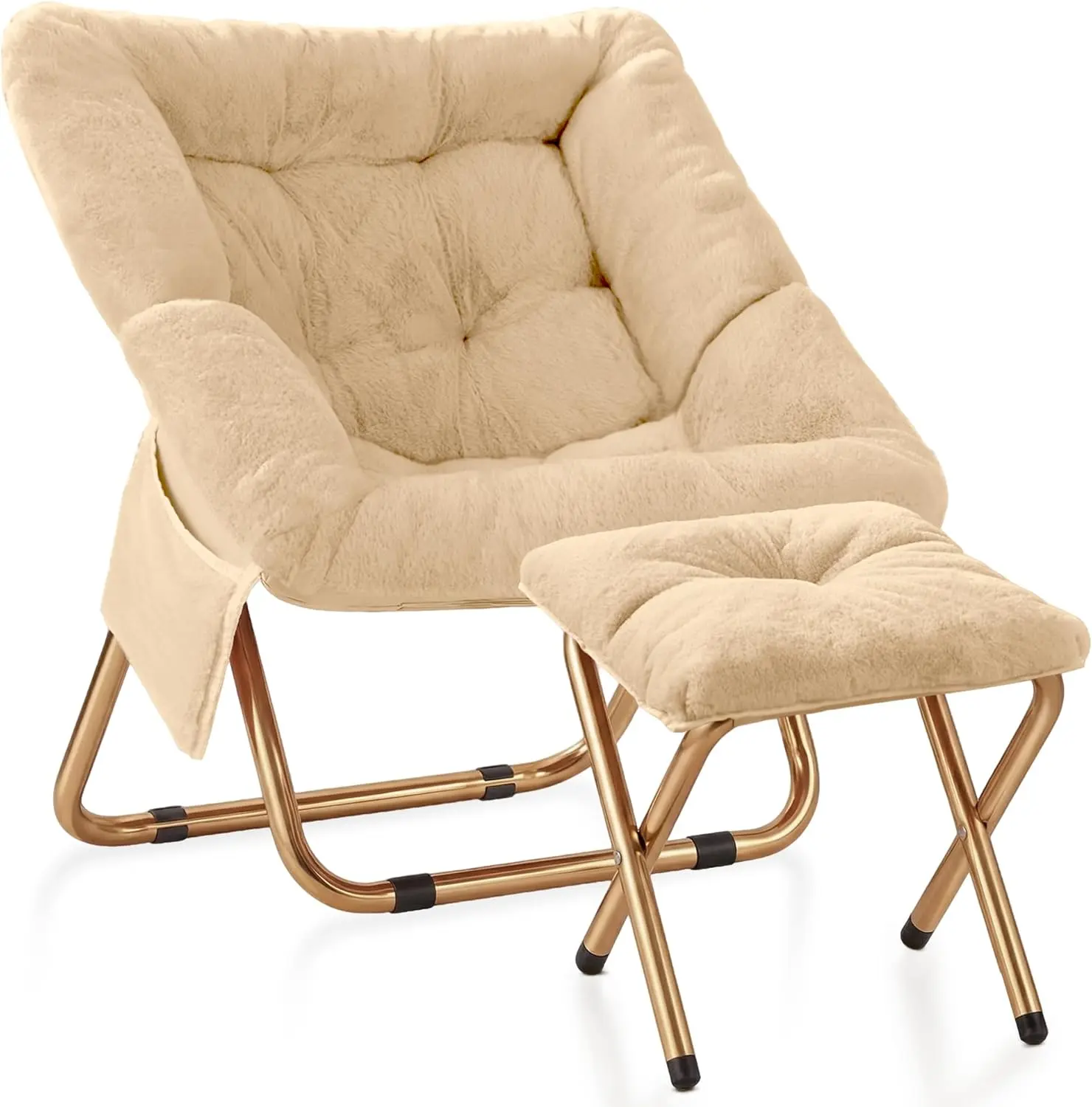 Kasunpul Comfy Saucer Chair, Foldable Living Room Chairs, Soft Faux Fur Lounge Chair for Bedroom, Reading Chairs for Adults, Teens, X-Large (Beige)