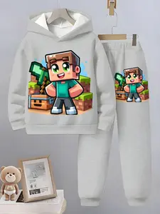 Adorable Minecraft Cartoon Pixel Character 3D Printed Kids Set, Hooded Sweatshirt & Drawstring Pants, Breathable Casual Spring Fall Wear