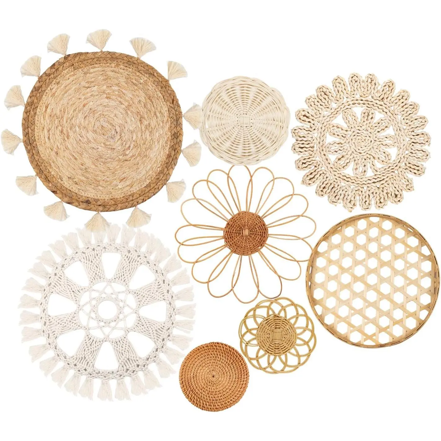 Wall Basket Decor Set (8 Pieces) - Flat Woven Basket Wall Hanging Decor, Round Tassel White Macrame Tapestry Wall Decor, Handmade Rattan Seaweed Home Wall Basket Decoration