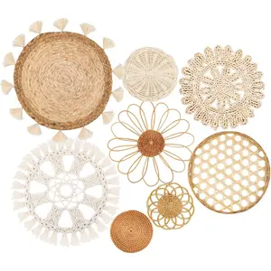 Wall Basket Decor Set (8 Pieces) - Flat Woven Basket Wall Hanging Decor, Round Tassel White Macrame Tapestry Wall Decor, Handmade Rattan Seaweed Home Wall Basket Decoration