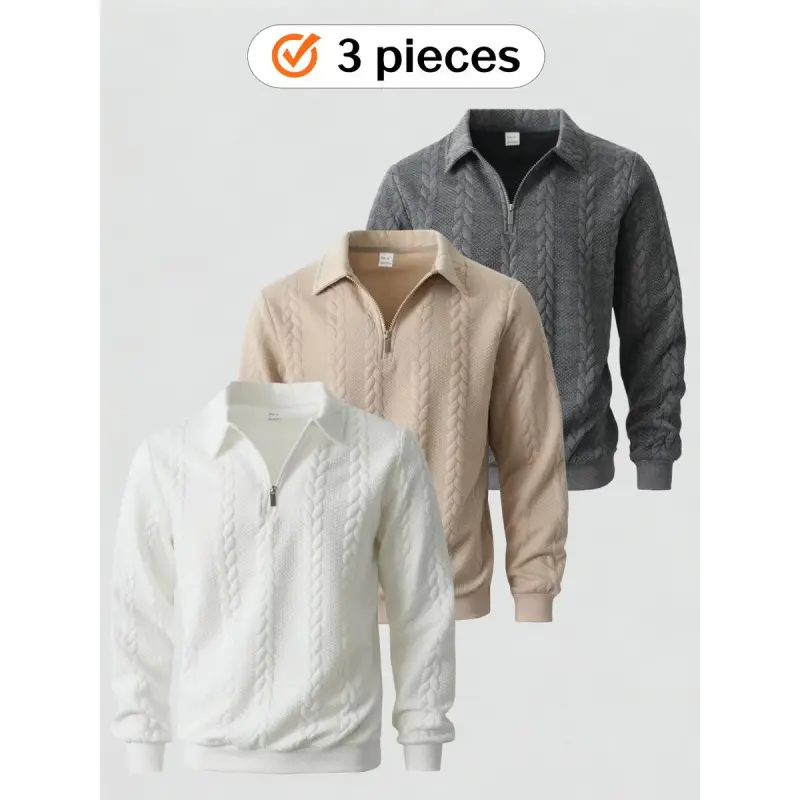 This 3-piece men's half-zipper lapel knitted jacquard sweatshirt is made of soft fabric and features a textured jacquard design.It is a regular long-sleeved knitted sweatshirt that can be layered.Suitable for casual daily wear in autumn and winter