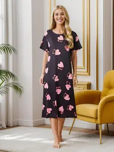 Women's Heart / Floral Print Nightdress, Elegant Short Sleeve Round Neck Nightdress, Summer Clothes Women, Women's Sleepwear for Indoor Wear