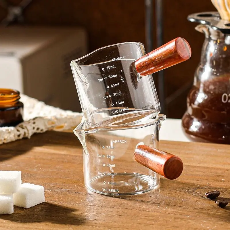 Glass Coffee Cup with Wooden Handle, Small Espresso Mug, Dual-Port Measuring Cup, Coffee Liquid Extraction Tool, Coffee Maker Accessory, Kitchen Utensils