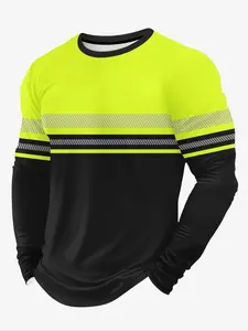 Men's Patchwork Color Block Striped Workwear Print Slim Fit Long Sleeve T-Shirt, Casual Streetwear Street Fashion Top, Comfortable Cotton Fabric
