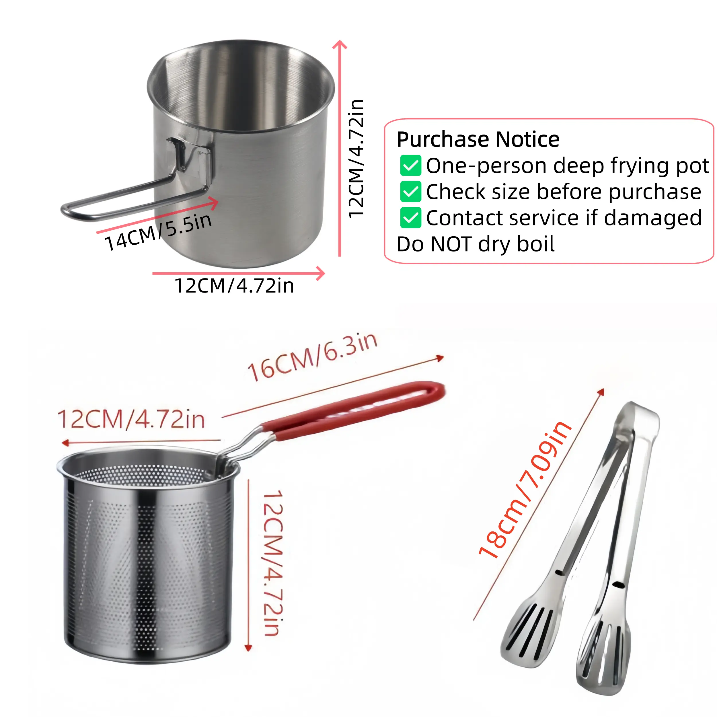 3Pcs Stainless Steel Deep Fryer Set 5.12*4.72 Inch One‑Person Small Pot Includes Fry Pot Filter Basket & Food Clip Rust Resistant Portable Mini Frying Cookware for Home Kitchen Great for Chips Chicken Wings Various Fried Snacks Daily Household Cooking