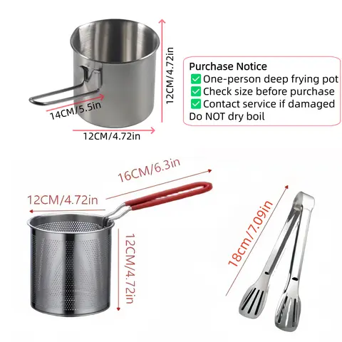 3Pcs Stainless Steel Deep Fryer Set 5.12*4.72 Inch One‑Person Small Pot Includes Fry Pot Filter Basket & Food Clip Rust Resistant Portable Mini Frying Cookware for Home Kitchen Great for Chips Chicken Wings Various Fried Snacks Daily Household Cooking
