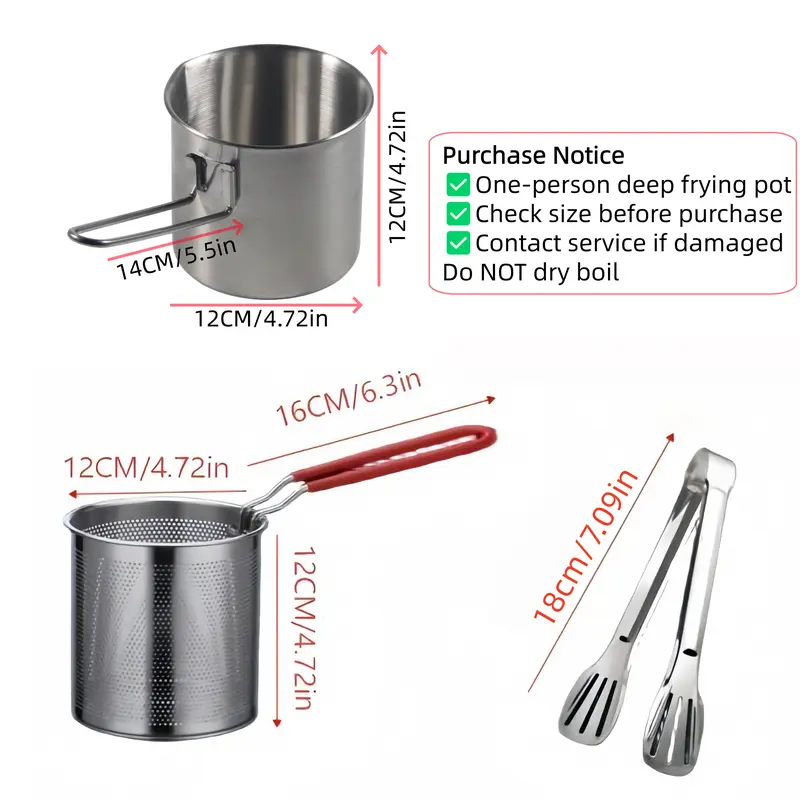 3Pcs Stainless Steel Deep Fryer Set 5.12*4.72 Inch One‑Person Small Pot Includes Fry Pot Filter Basket & Food Clip Rust Resistant Portable Mini Frying Cookware for Home Kitchen Great for Chips Chicken Wings Various Fried Snacks Daily Household Cooking