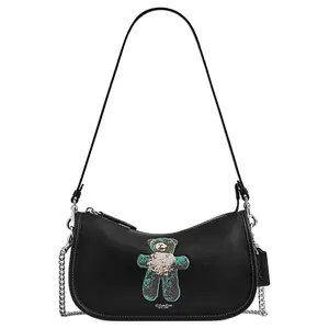 COACH Waverly 24 Teddy Bear Pattern Silver Metal Chain Leather Crossbody Handbag for Women, Medium, Black