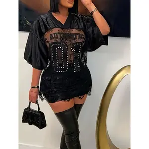 [Y2K Rhinestone Embroidered Top] Teleisa Y2K Rhinestone Embroidered Loose Top |   Autumn Street Solid Color Short Sleeve V-neck See Through Lace Spliced T-shirt for Women