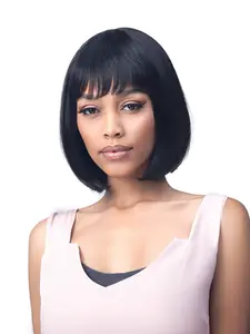 Toyotress Shoulder-Length Layered Wigs With Bangs 14 Inch Light Yaki Texture Synthetic Hair Wavy Bob Wig for Natural Black Women Heat Resistant 1B Color