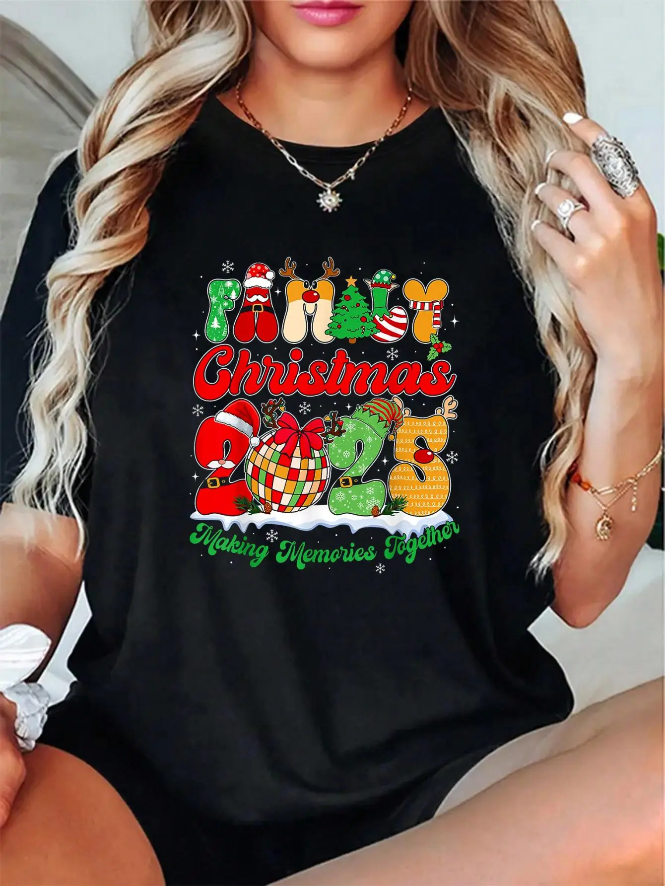 Women's Christmas Elf Squad Graphic T-Shirt, Festive Digital Print Short Sleeve Top in 100% Soft Cotton with a Casual Relaxed Fit, High Def Print, Short Sleeves, Breathable, All Seasons, Round Neck, Loose-Fitting