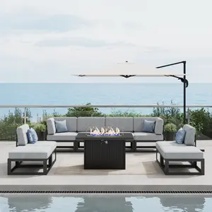LayinSun Large Aluminum Patio Furniture Set with Fire Pit Table, 9 Pieces Modern Outdoor Conversation Set Sectional Metal Sofa Set with Olefin Cushion, Multiple Packages