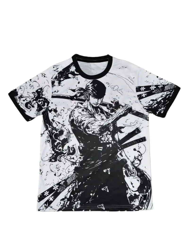 Japanese Anime Men's Football Jersey & Samurai Pattern Round Neck Comfortable Sports Top, Fitness Top, Sweat-Wicking Knit Fabric, Casual Wear