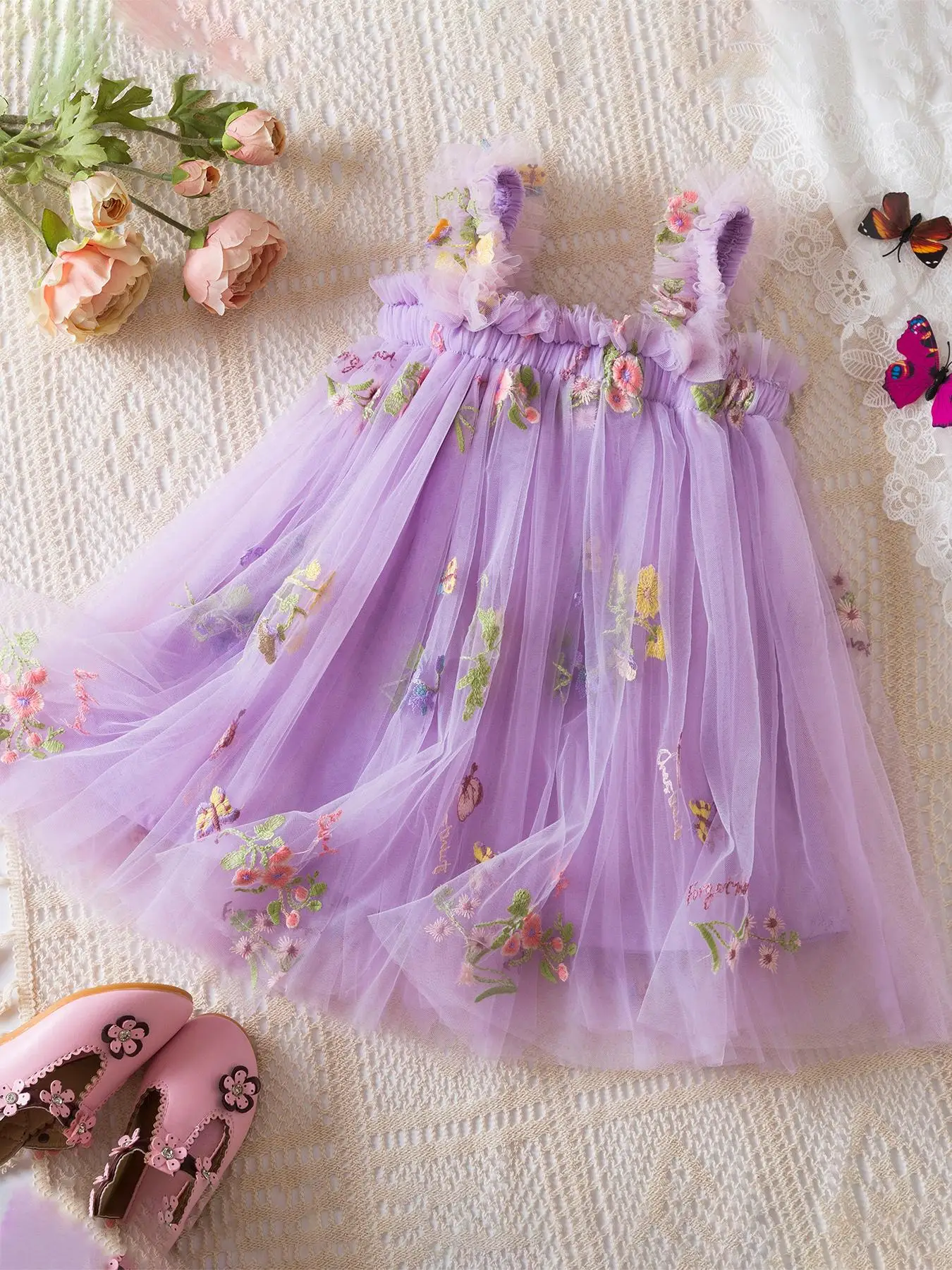 Girl's Floral Embroidery Tulle Dress, Cute Romantic Sleeveless Tutu Dress for Party Photography, Kids Summer Clothes, Kids Clothes Girls, Princess Qui