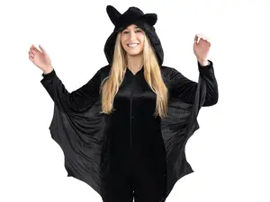 Bat Costume For Adults - Black Velour Jumpsuit with Attached Hood and Wings - Girly Costume For Halloween, Role Play, Pretend Play Fun, Fantasy Theme Party & Cosplay - Womenswear