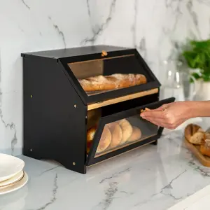 Large Capacity Bread Box for Kitchen Counter, Wooden Black Bread Storage Bin for Kitchen Countertop, Kitchen Organiser, Pantry Storage Containers Utensils