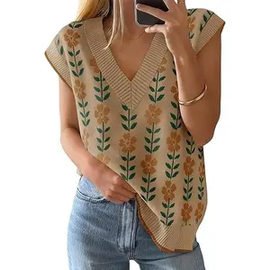ZESICA Women's Floral Sleeveless Sweater Vest 2026 Summer Oversized Cap Sleeve V Neck Loose Knit Tank Tops Casual Outfits