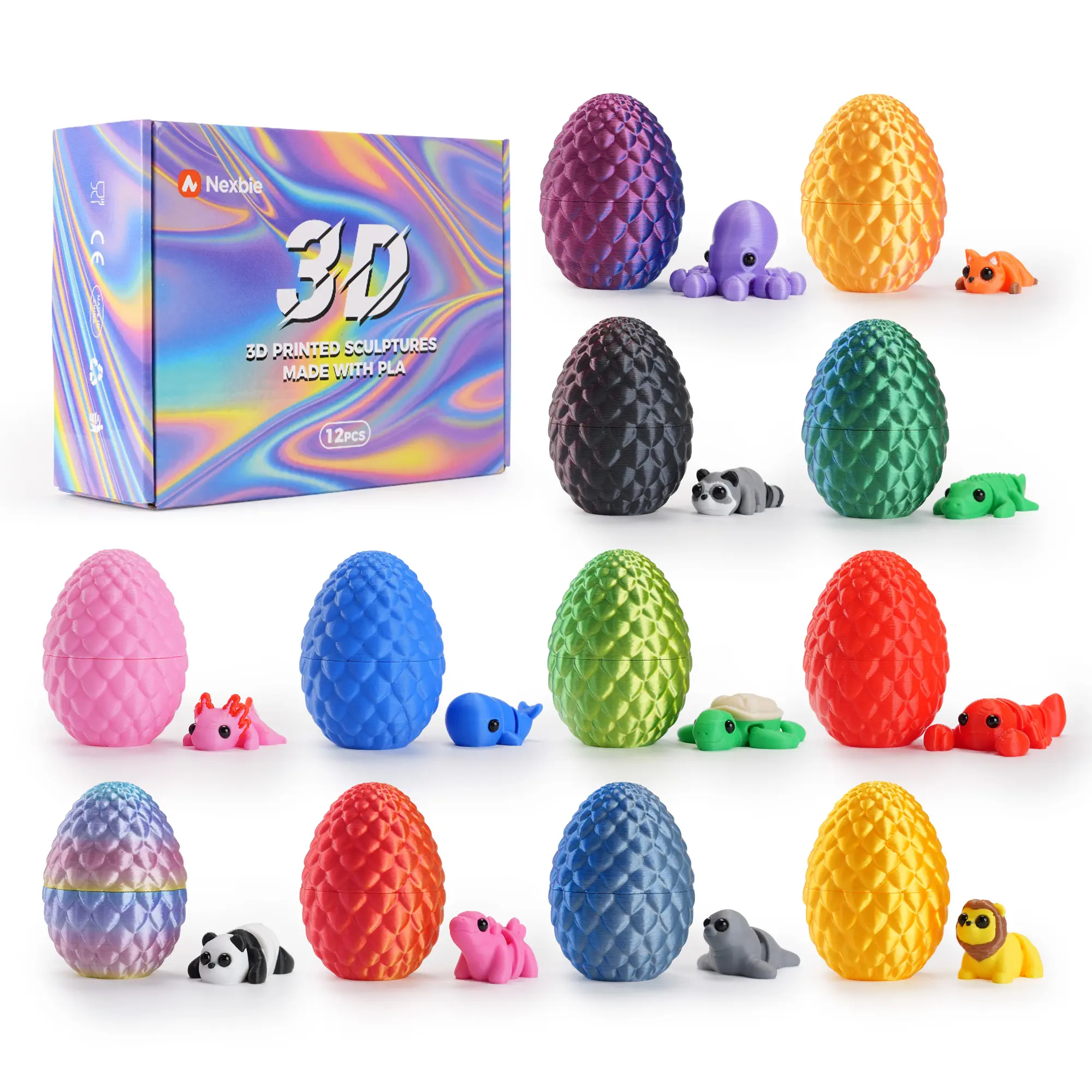 12PCS 3D Printed Dragon Eggs, Christmas Egg Fillers for Christmas Basket Stufferss, Surprise Animals Figurines Fidget Dinosaur Eggs Toys for Boys Kids