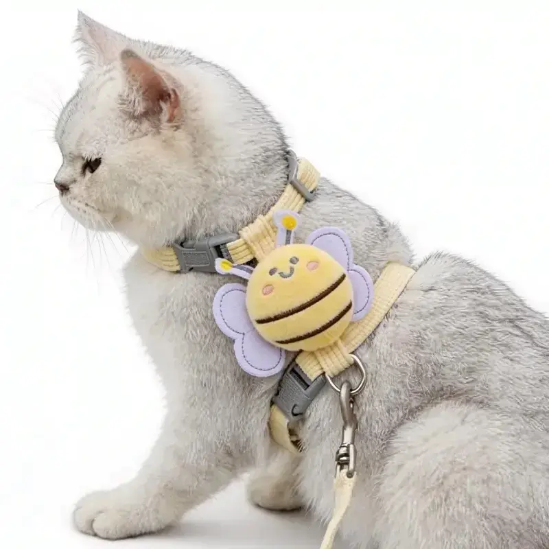 Cute Cat Harness and Leash Set with Bee Design – Escape Proof Adjustable Cat Vest Harness, Soft Breathable Lightweight Pet Walking reflective strip tactical Harness for Small Medium Cats clip