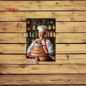 2D Flat, 1pc Vintage Metal Wall Art Sign - Chef with Cake Design, Durable Pre-Drilled Holes for Easy Hanging, 7.9x11.8 Inch (20x30cm) Rustic Kitchen Decor for Home, Office, Cafe, Garden & Outdoor, Chef Kitchen Decor, Indoor Decoration, Retro Aesthetic, Ea