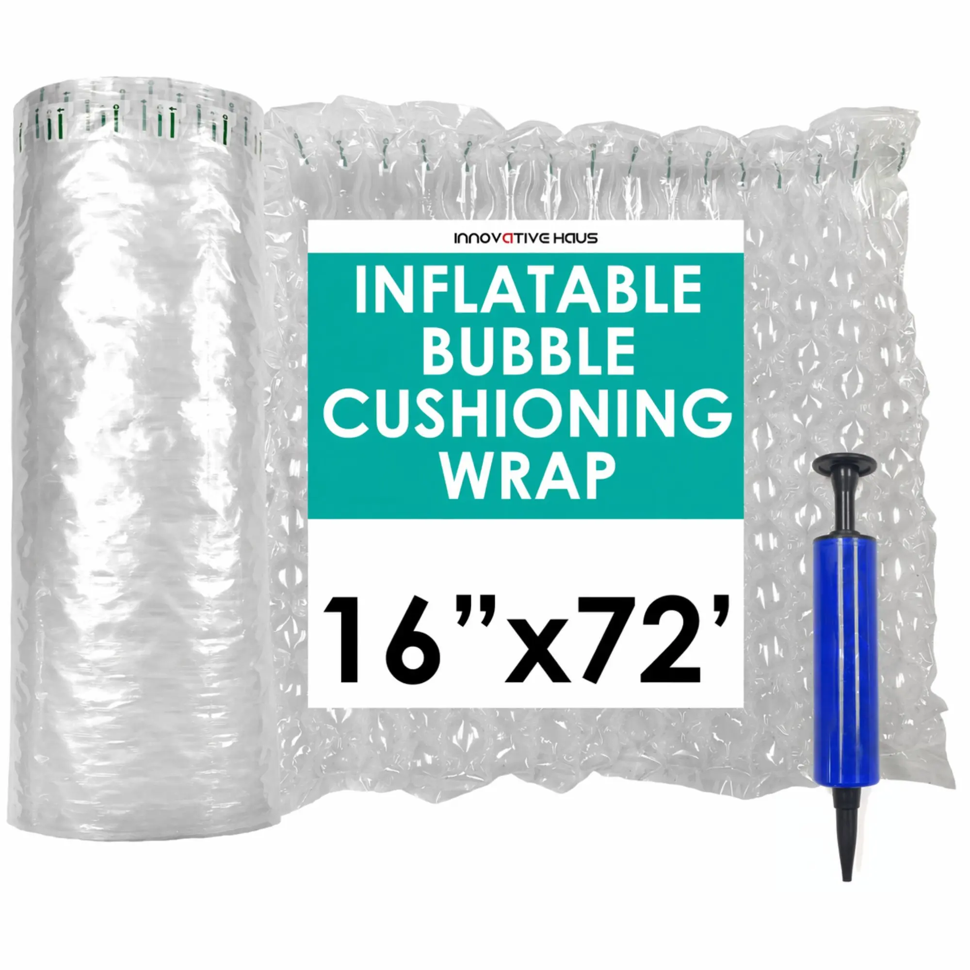 Innovative Haus 16 Inch x 72 Feet Inflatable Bubble Cushioning Wrap Roll with Free Pump for Heavy Duty Packing and Shipping Packaging Supplies. Large Air Pillow Cushion as Wine Bottle Protector