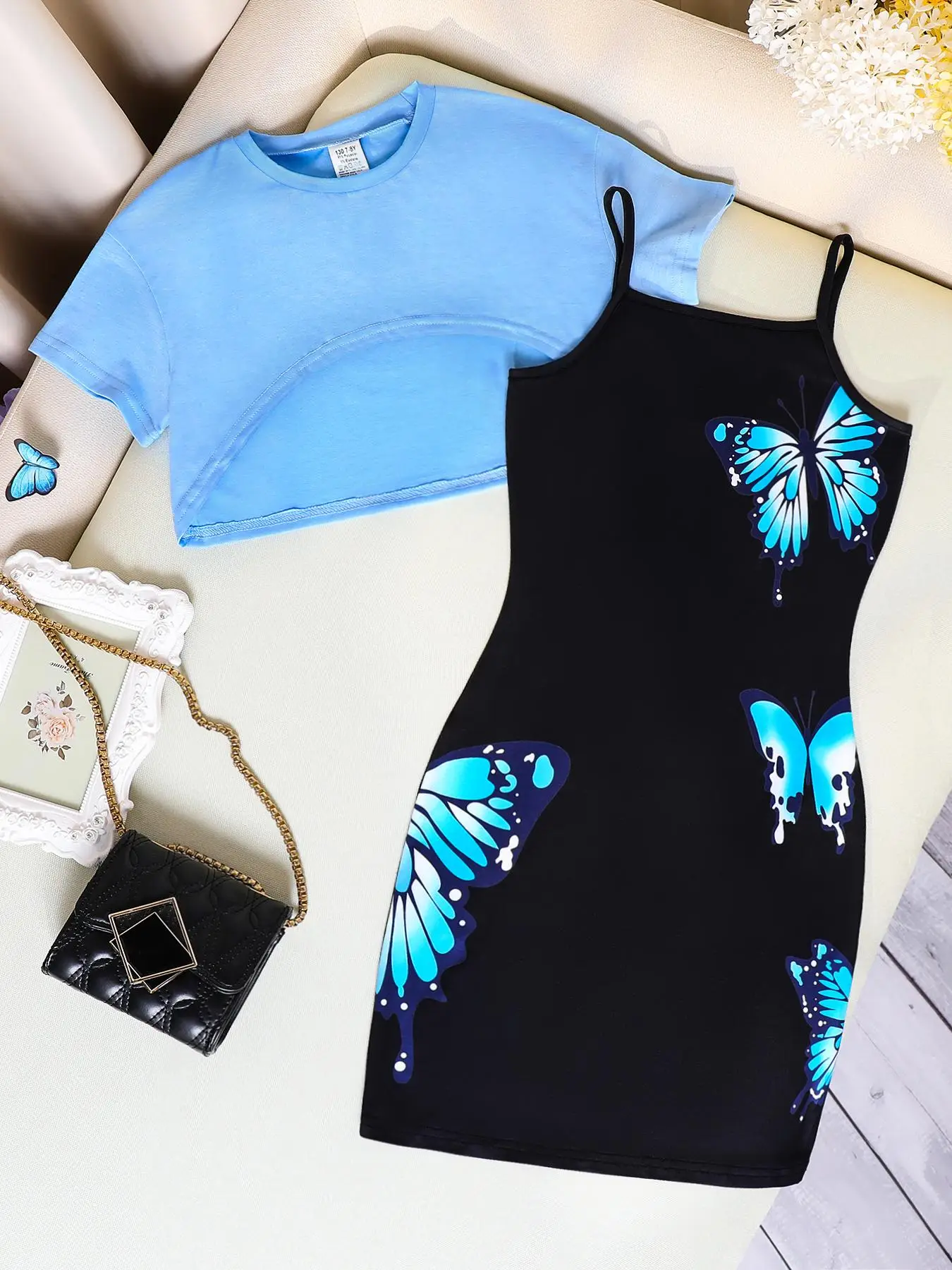 Girl's Butterfly Print Two-piece Set, Casual Fashion Short Sleeve Crop Top & Cami Dress for Daily Outdoor Wear, Kids Clothing for Spring Fall, Athleti