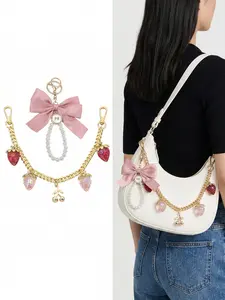 2Pcs Coquette Aesthetic Bag Charm Set Pink Bow Pearl Keychain Strawberry Gold Chain Purse Accessories for Women Fashion Bag Charms Bag Pendant Bag Decoration