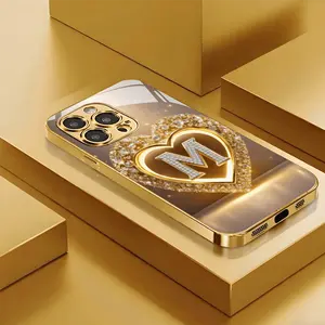 Gorgeous Shiny Luxurious High-Definition New Letter M Pattern High-Value Simple Niche Elegant Golden Aesthetic Glass Case Suitable for iPhone 17/17Pro/17ProMax/17Air, 16/16Pro/16ProMax/16Plus, 15/15Plus/15Pro/15ProMax, 14/14Plus/14Pro/14ProMax, 13/13Pro/1