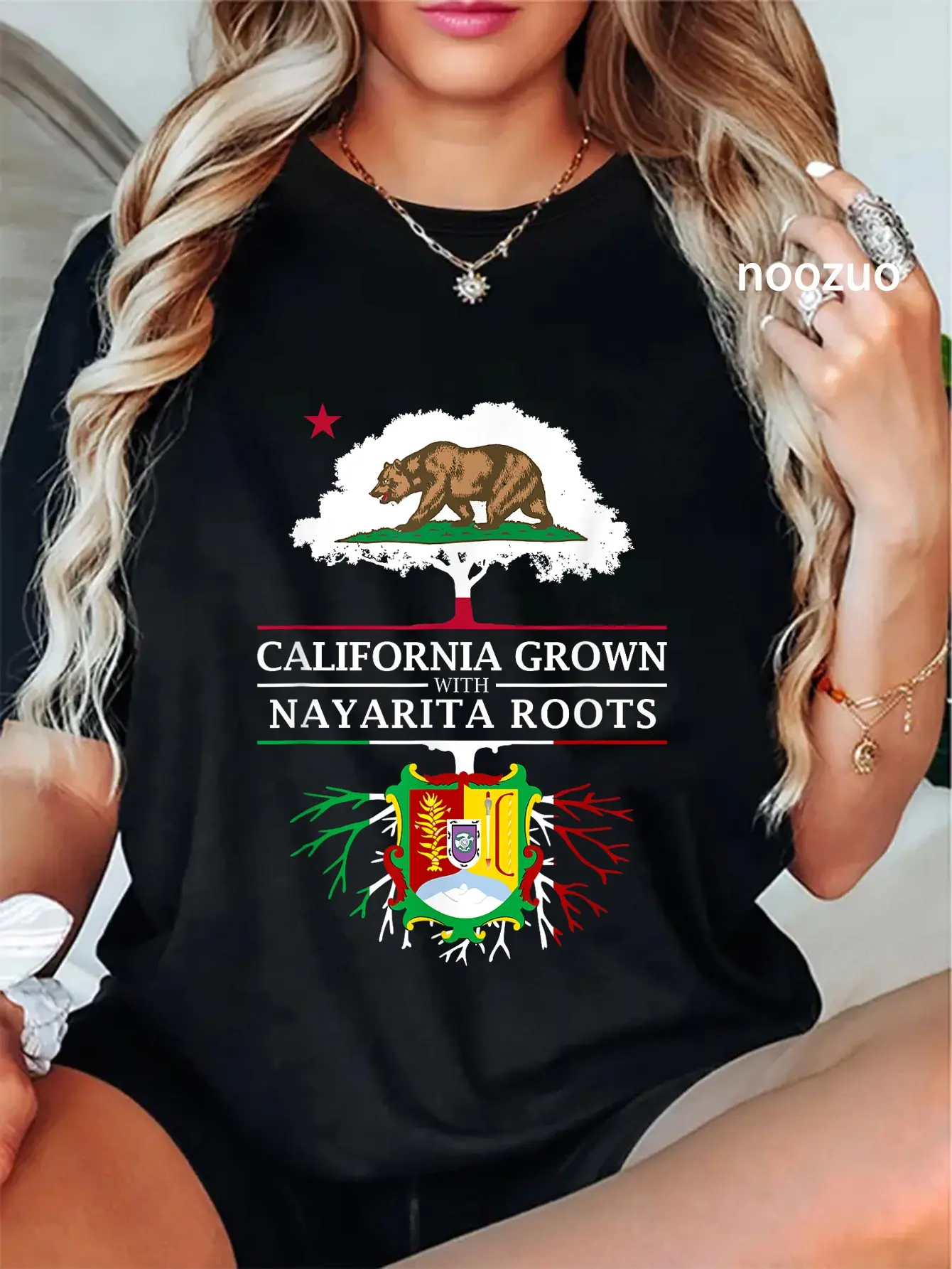 Women's Vintage Graphic T-shirt with Nayarita Roots Print, Casual Loose-Fitting Cotton Top for Everyday Wear with Distressed Edges, Round Neck, Streetwear, Short Sleeve