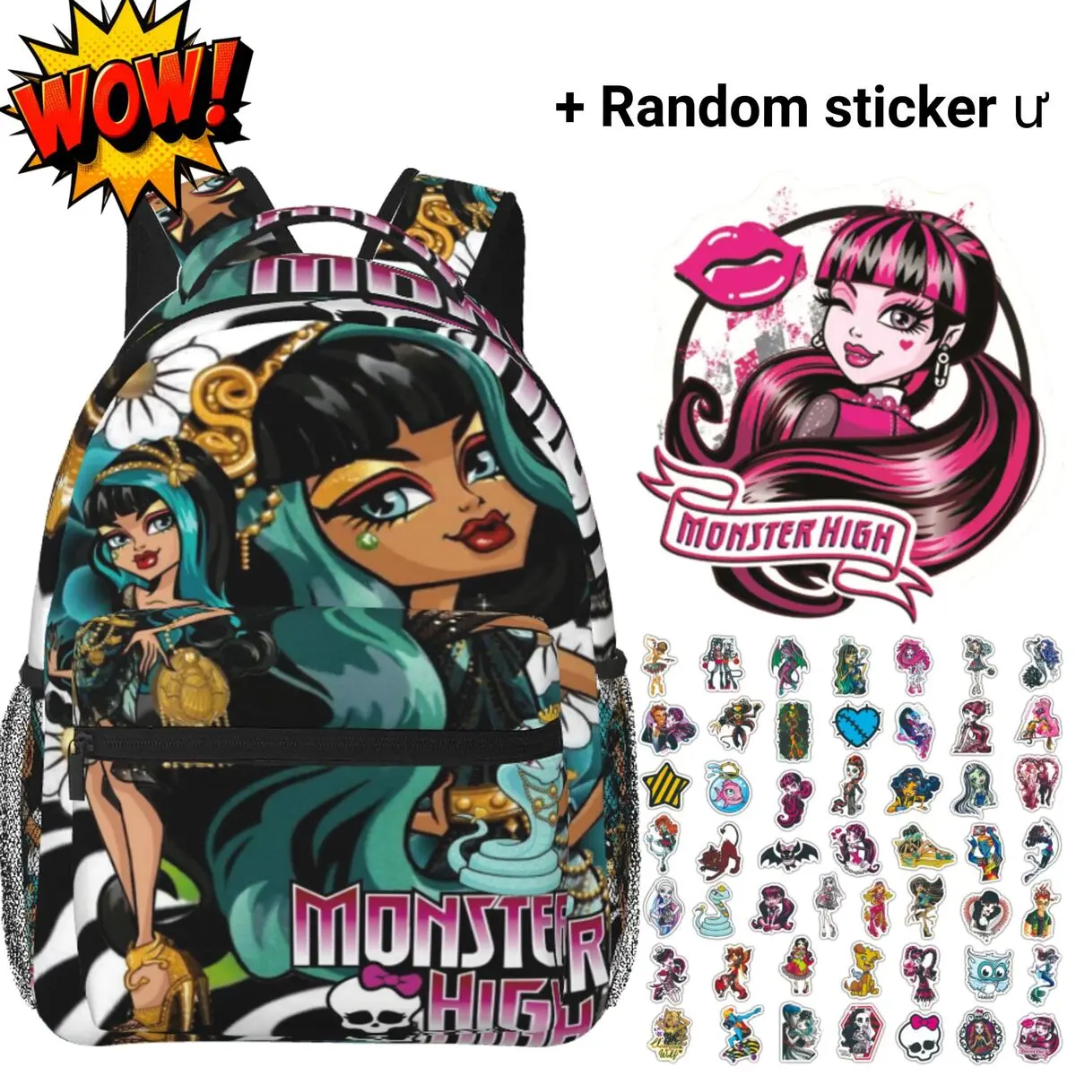 Monster High Backpacks for School Cleo De Nile Egyptian Style All-Over Print, Large Capacity Black Teal Gold Monster High Laptop Daypack for Campus Daily Commute, Cartoon Monster High School Bag Gift for Teens Students Fans