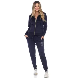 White Mark 2128-02-S Rhinestone Velour Tracksuit Set, Navy - Small - 2 Piece