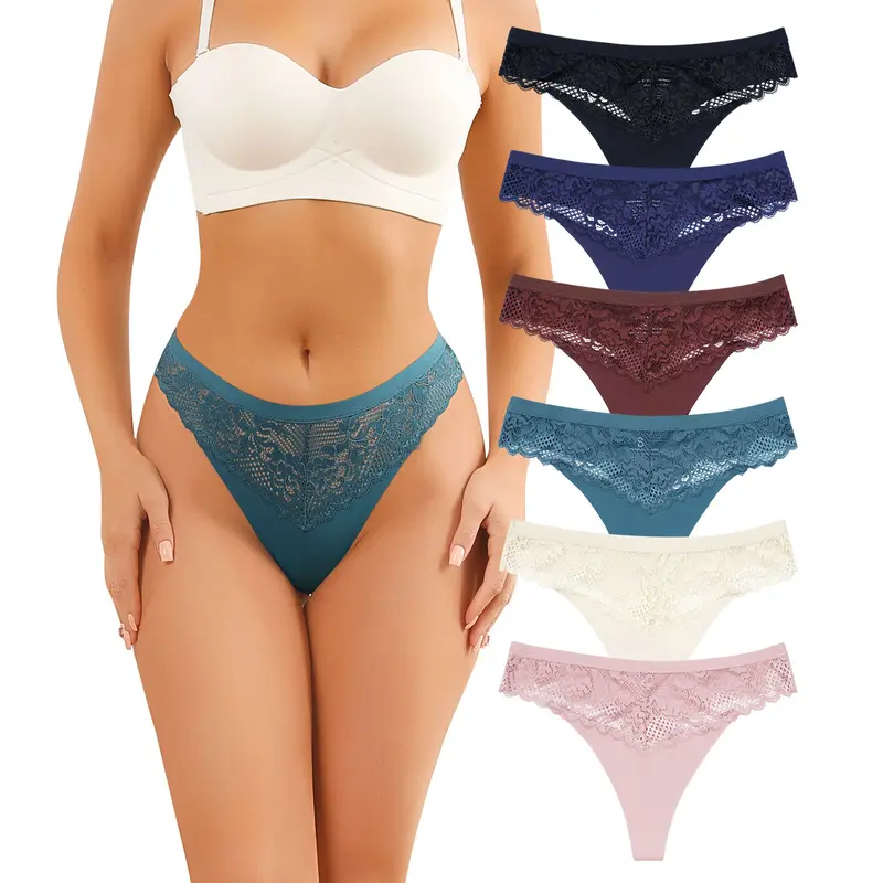 LEVAO Women's Seamless No-Show Lace Thongs Multipack - Polyamide-Elastane Blend, Low Waist, Lightweight Breathable Soft, Assorted Bright Chic Colors, Fit for Adult Workers, Birthday & Anniversary Occasions, Hang Dry