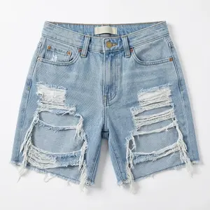 Women's High-Waisted Distressed Breathable Cotton Jean Shorts, Fringe Bottom, Comfortable Women's Clothes for Beach & Outdoor Sports (Swimwear Trunks Compatible)