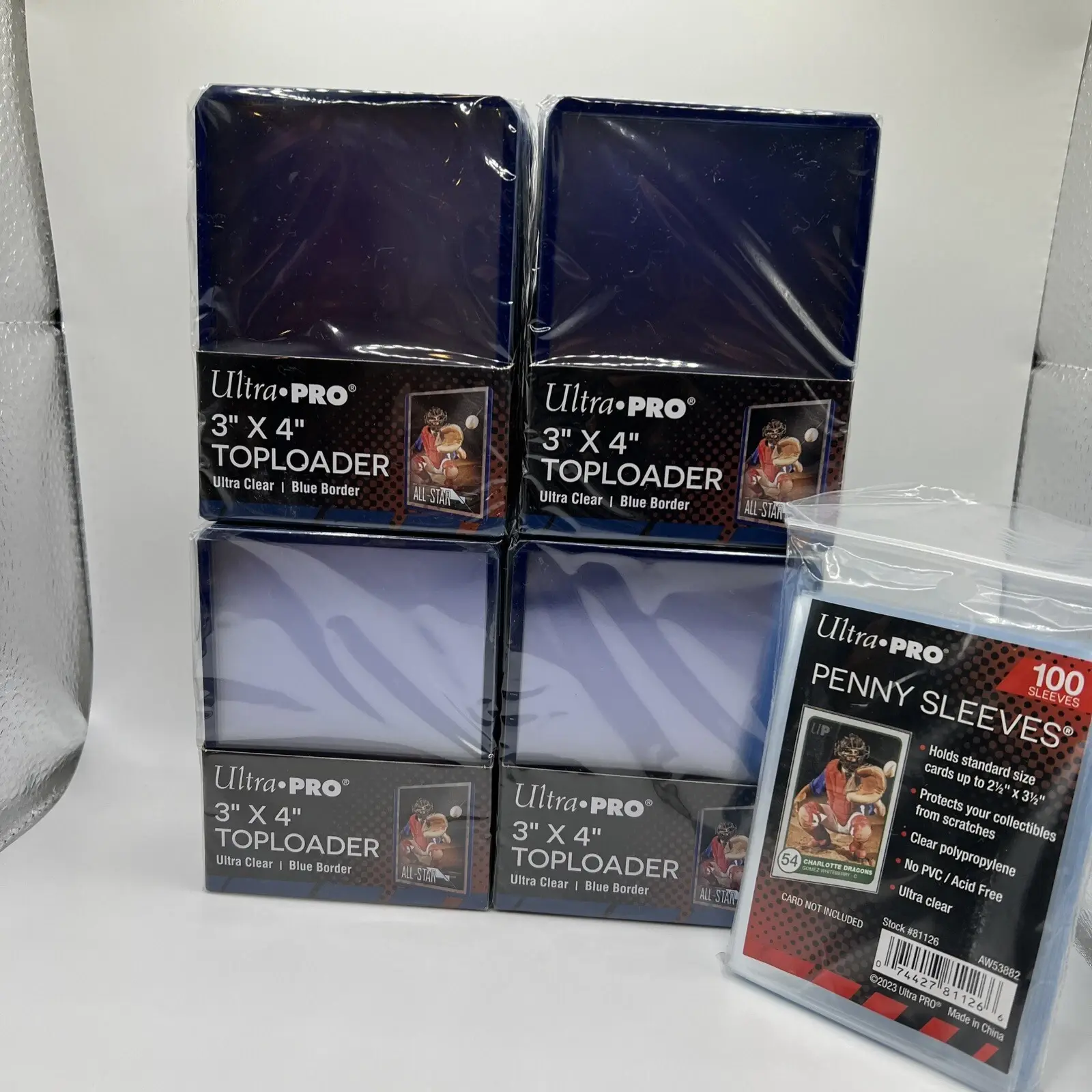 Ultra Pro 3X4 BLUE BORDER Toploaders 35pt 4 Packs of 25 AND 100 SLEEVES