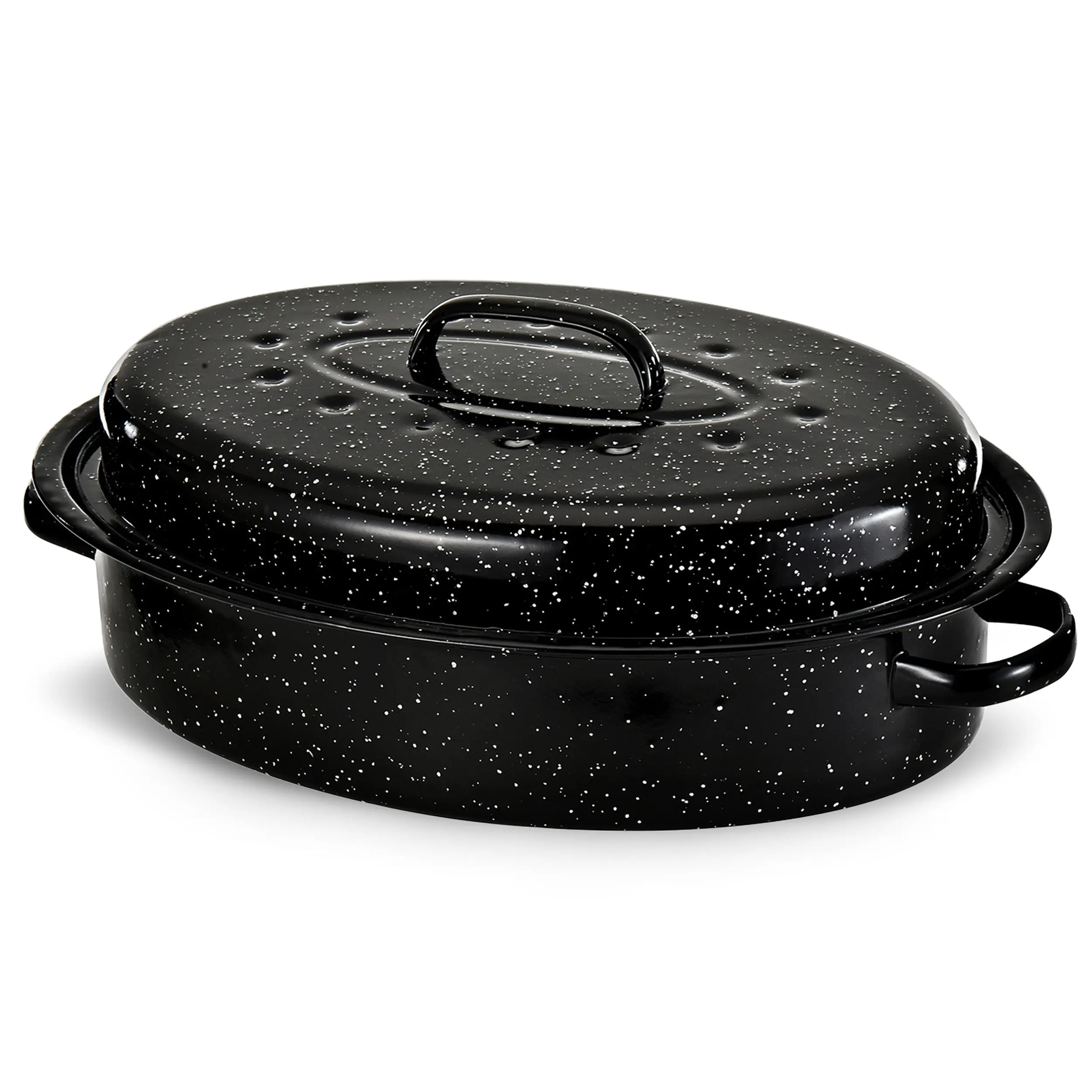 Alpine Cuisine Enamel Oval Roaster | Carbon Steel Oval Roasting Pan 15-Inch | Non-Stick Marble Coating with Lid | Oven & Dishwasher Safe | Even Heat Distribution | Ideal for Large & Small Servings