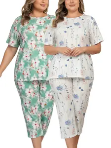 LONAGIRL Plus Size 1XL-5XL Women's 2-Pack Pajama Set Short-Sleeve Top & Capri Pants Watercolor Floral Print Loungewear for Home Wear