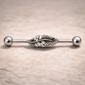 Stainless Steel Jeweled Leaf Industrial Barbell