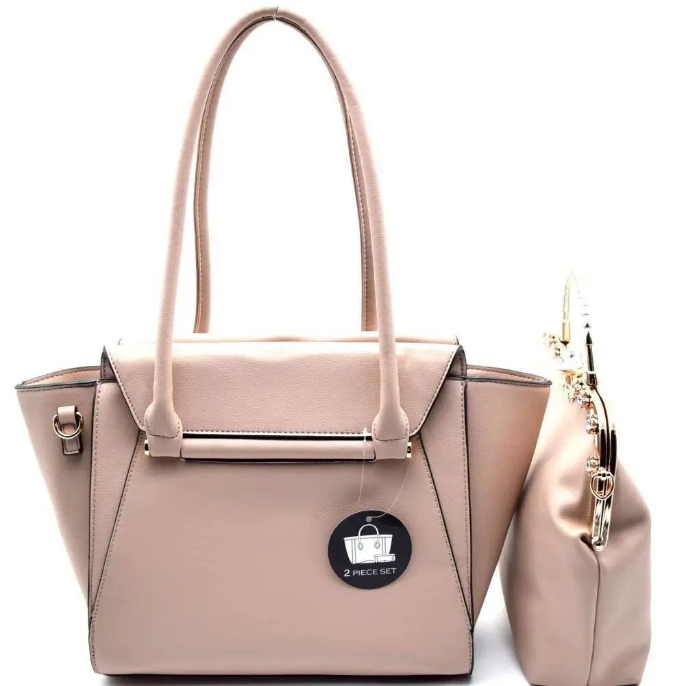 Women's 2-in-1 Faux Leather Tote + Satchel Set Combo, Taupe Handbag with Gold-Tone Hardware, Zip Closure, Interior Pockets, Adjustable Shoulder Strap, Casual Everyday Use, 10" Drop, 11.5~16"L X 4.5"W X 10.5"H, Boss Royalty