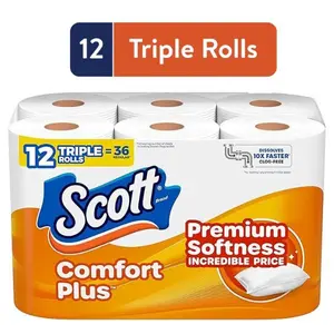 Scott ComfortPlus Toilet Paper, 12 Triple Rolls, 231 Sheets per Roll, Septic-Safe, Toilet Tissue (Packaging May Vary)