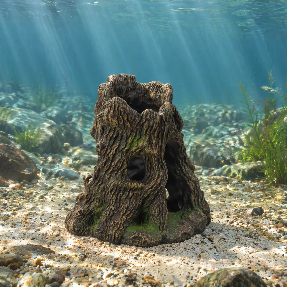 Resin Tree Stump Aquarium Decor, Natural Looking Fish Hide Cave for Aquarium, Terrarium & Reptile Tank