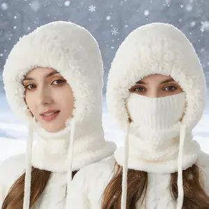 Women Winter Solid Color One Piece Beanie Hat Slouchy Fleece Balaclavas Face Mask Neck Scarf Set Earmuff Ski Snow Knit Hats
