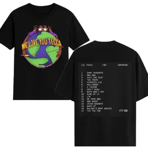 We Love You Tecca 2 Sides Graphic T-Shirt, Colorful Earth Design for Music Fans, Unisex Top Featuring Lil Tecca Tracklist, Perfect for Concerts & Everyday Style
