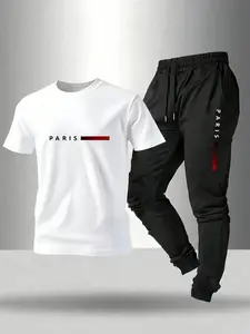 Trendy Paris Pattern Tee & Jogger Set, Soft Top & Bottoms, Ideal for Daily Wear, Stylish Comfortable