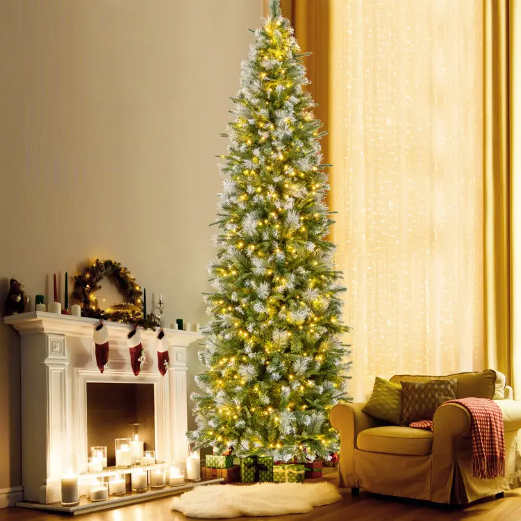 COSTWAY 6/7.5/9FT Pre-Lit Pencil Christmas Tree, Artificial Snow Flocked Hinged Fake Slim Xmas Tree with Warm-White LED Lights, Branch Tips, Pine Cones, for Office Home Decoration
