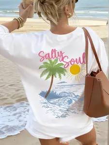 Women's Casual Everyday Loose Fit Round Neck T-Shirt, Sun Coconut Tree Tropical Graphic Print, Soft Breathable Fabric, Perfect for Summer