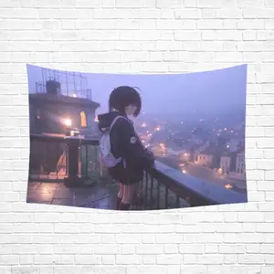 Purple Rainy Night Anime Girl Tapestry, Moody City View Wall Hanging, Soft Pastel Aesthetic Room Decor, Cozy Night Scene Art Tapestry for Bedroom Dorm Living Room, Soccer Game Night Party Background Cloth, Dreamy Urban Rooftop Anime Wall Art